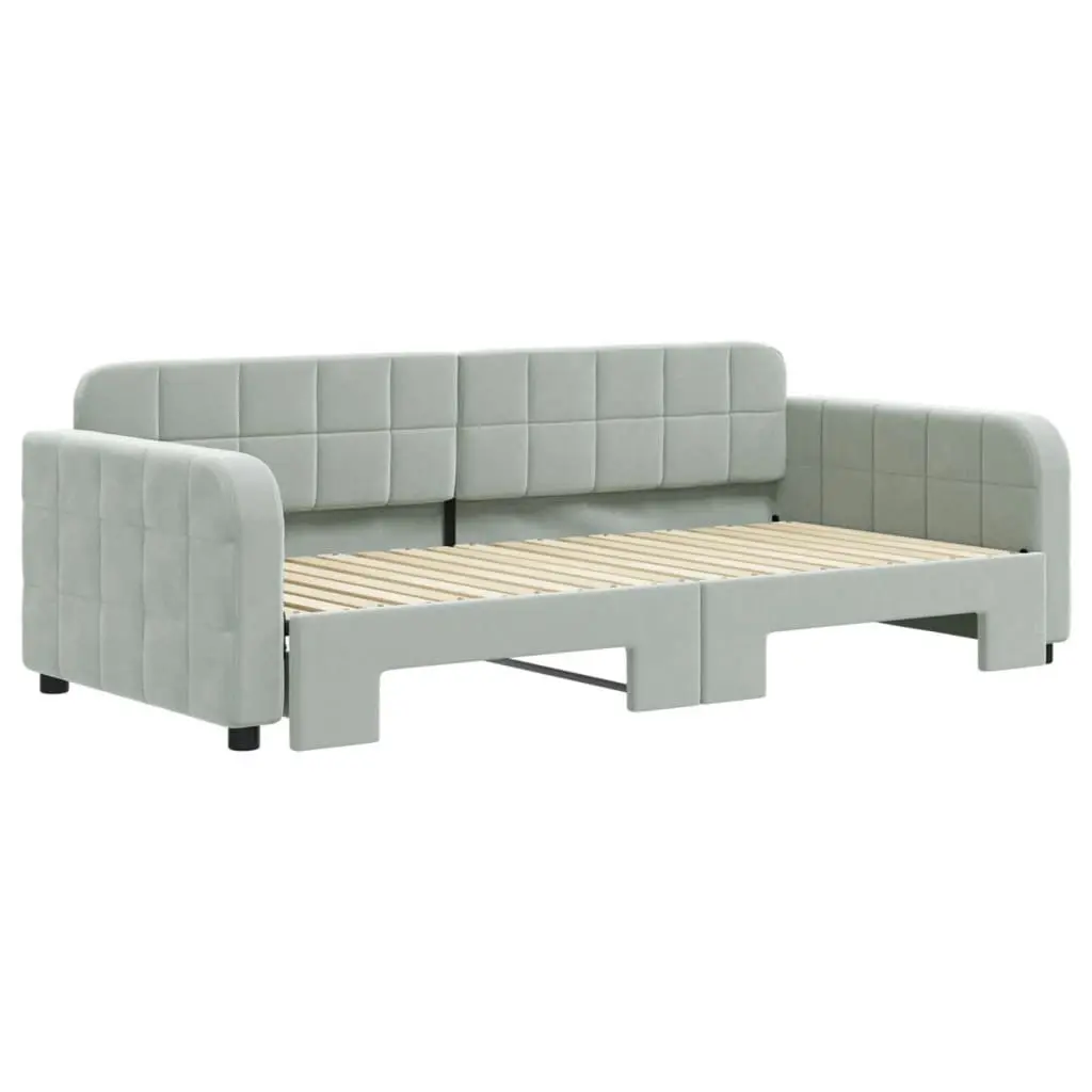 Grey Velvet Daybed Sofa Bed with Trundle 90x190cm Wooden and Metal Frame Space-Saving Furniture for Living Room or Bedroom