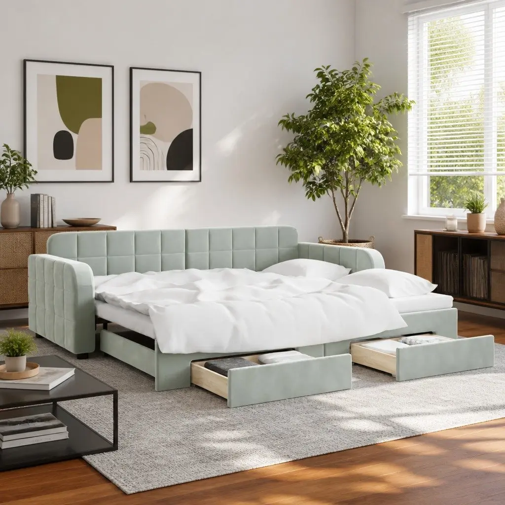 Daybed Sofa Bed with Trundle and Storage Drawers Solid Wood and Metal Frame Grey 90x190cm