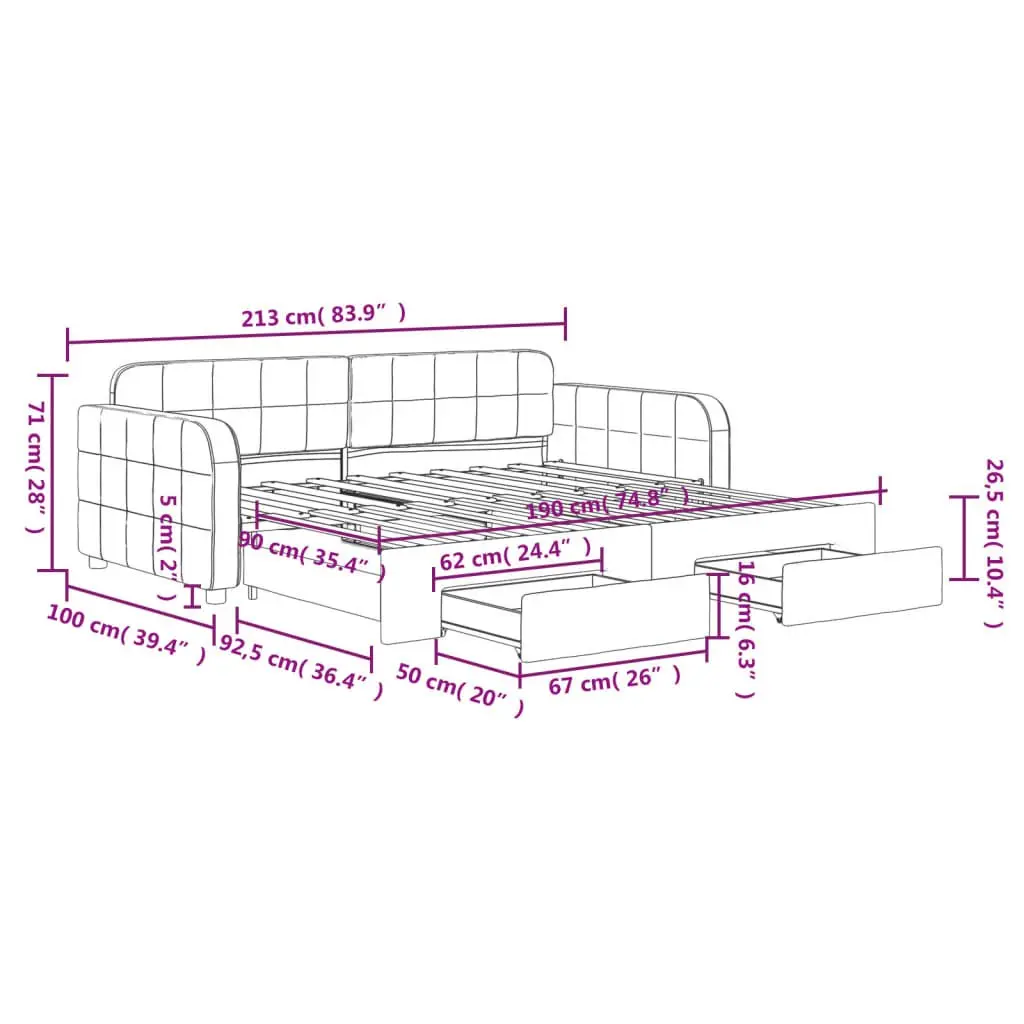 Daybed Sofa Bed with Trundle and Storage Drawers Solid Wood and Metal Frame Grey 90x190cm