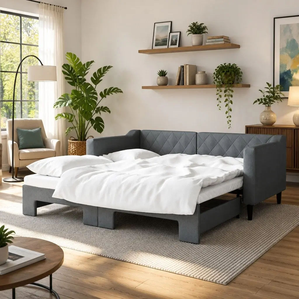 Daybed with Trundle Sofa Bed Grey 90x190cm Modern Design Wood Metal Frame