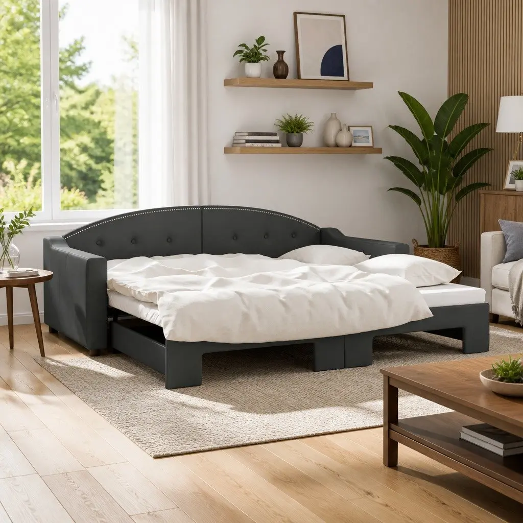 Daybed with Trundle Fabric Upholstery Wood and Metal Frame 90x190 cm Grey