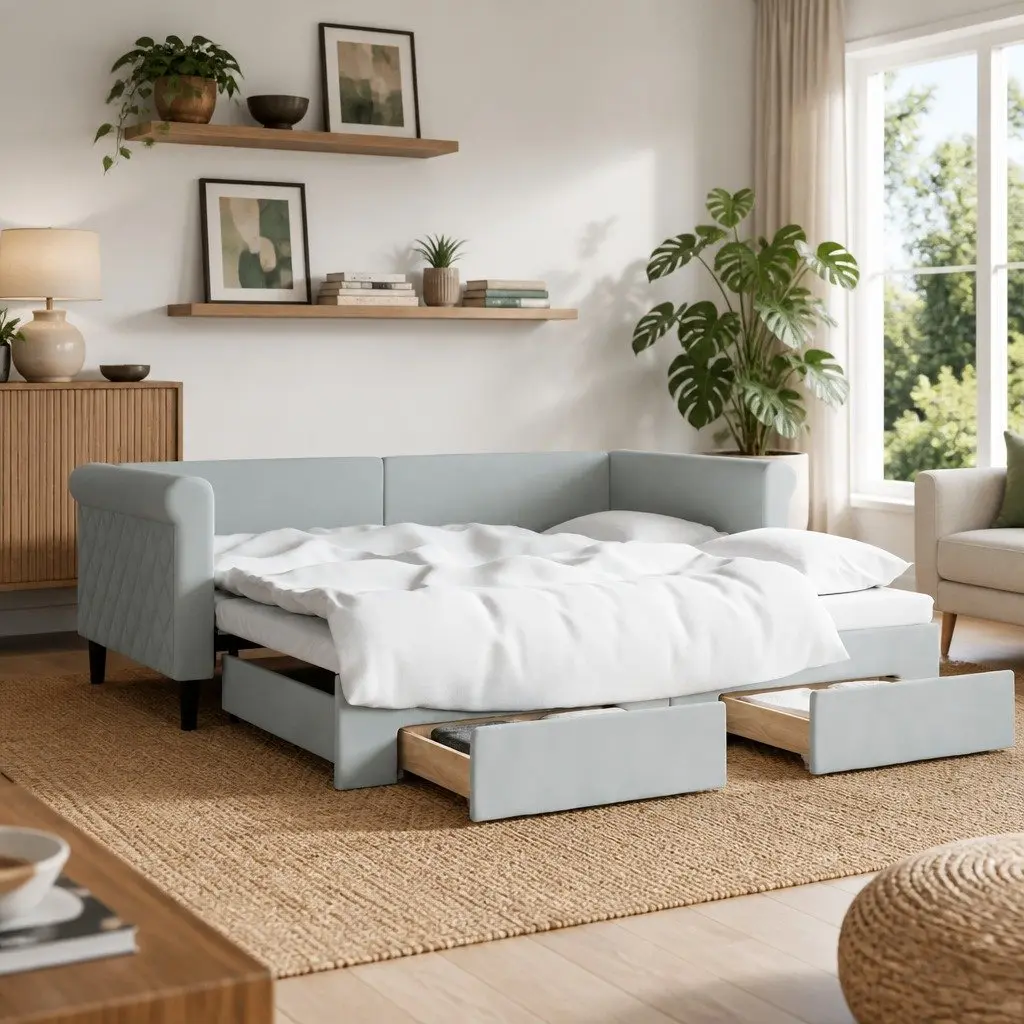 Grey Daybed with Trundle and Storage Drawers