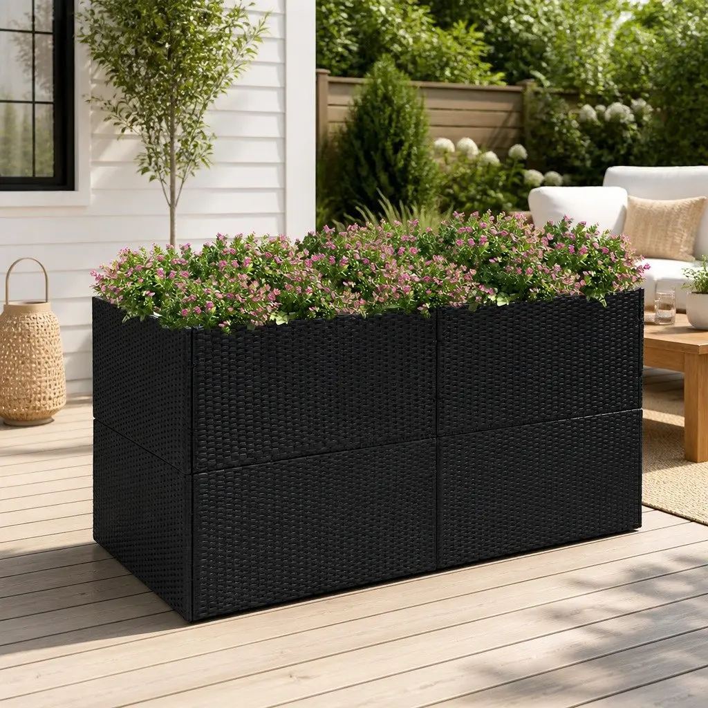 Garden Planter Box Poly Rattan 157x80x80cm Black Outdoor Flower Bed