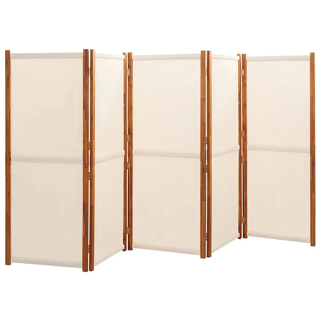 5-Panel Room Divider Solid Acacia Wood Frame Textilene Panels 350 x 180 cm Cream White Folding Privacy Screen Indoor Outdoor Partition