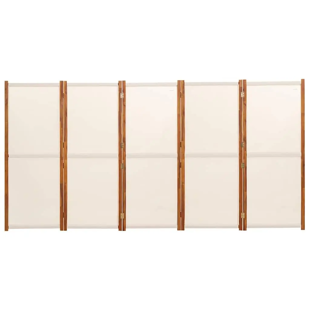 5-Panel Room Divider Solid Acacia Wood Frame Textilene Panels 350 x 180 cm Cream White Folding Privacy Screen Indoor Outdoor Partition