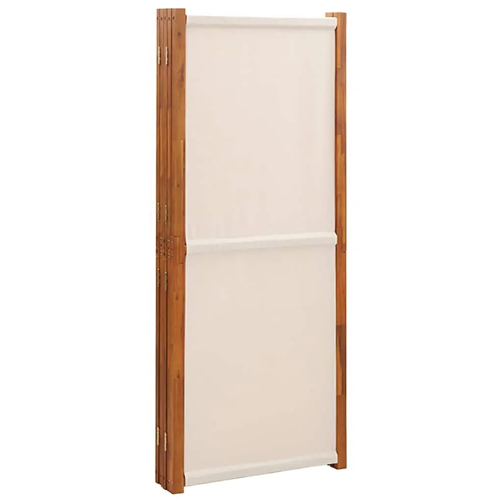 5-Panel Room Divider Solid Acacia Wood Frame Textilene Panels 350 x 180 cm Cream White Folding Privacy Screen Indoor Outdoor Partition