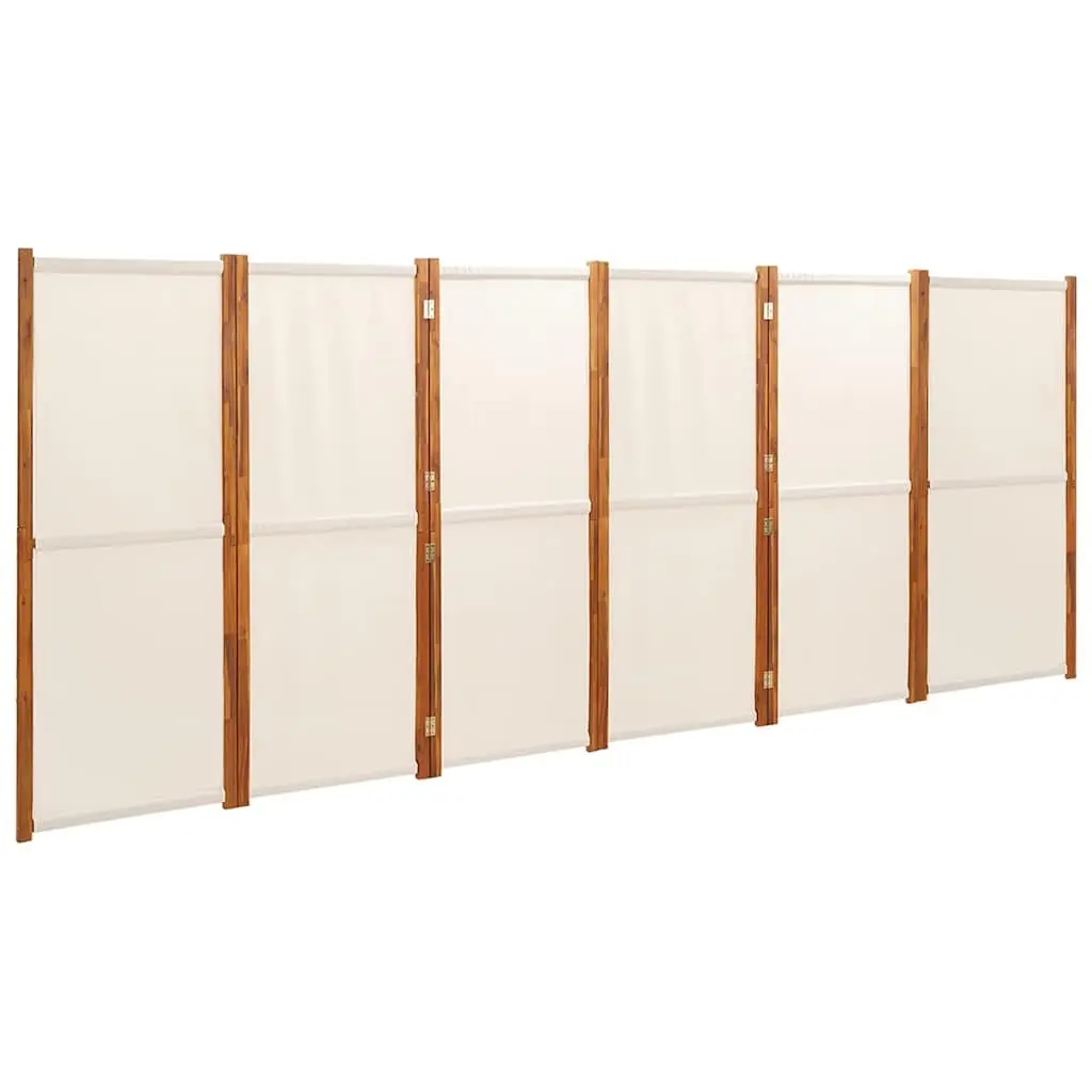 6 Panel Foldable Room Divider Privacy Screen Cream Acacia Wood Textilene 420x180cm Indoor Outdoor