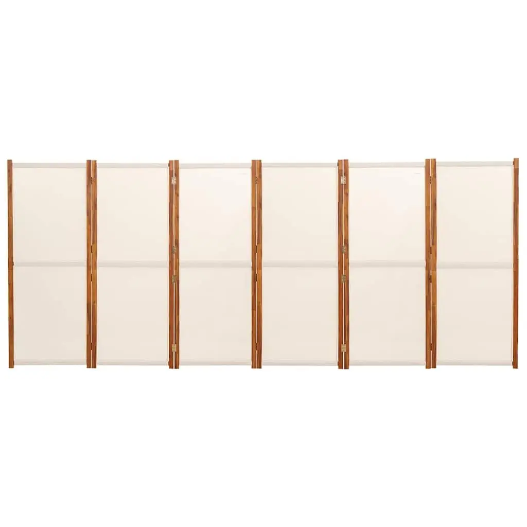 6 Panel Foldable Room Divider Privacy Screen Cream Acacia Wood Textilene 420x180cm Indoor Outdoor