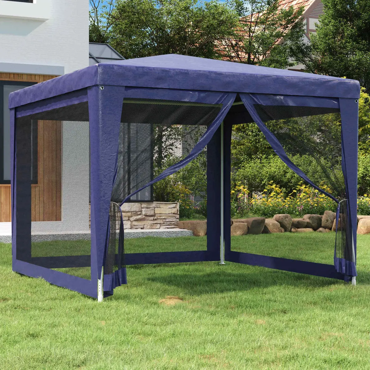 Party Tent Iron Frame 3x3m Blue Mesh Sidewalls Outdoor Gazebo Canopy Pavilion Shelter