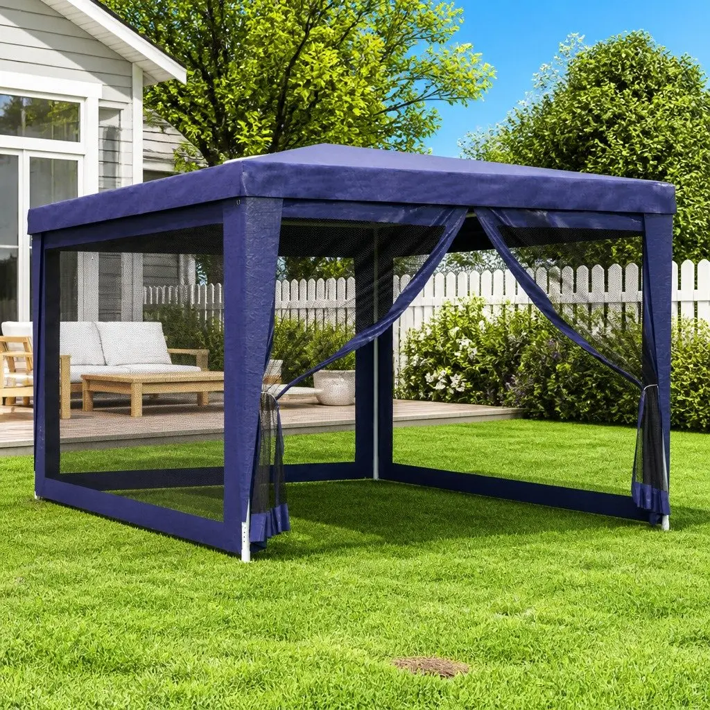 Party Tent Gazebo 3x4m Outdoor Marquee Mesh Sidewalls Blue Canopy Shelter