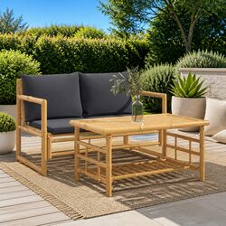 2 Piece Bamboo Garden Lounge Set with Grey Cushions Outdoor Patio Furniture