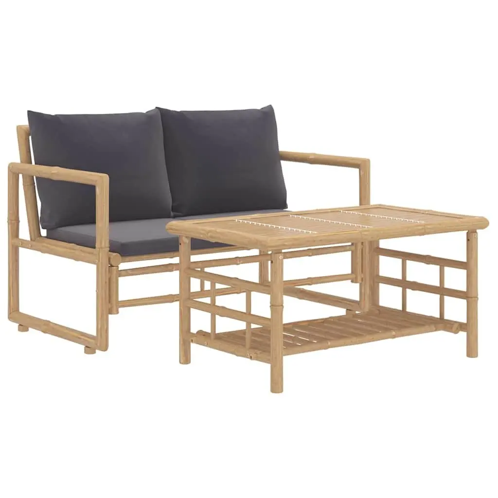2 Piece Bamboo Garden Lounge Set with Grey Cushions