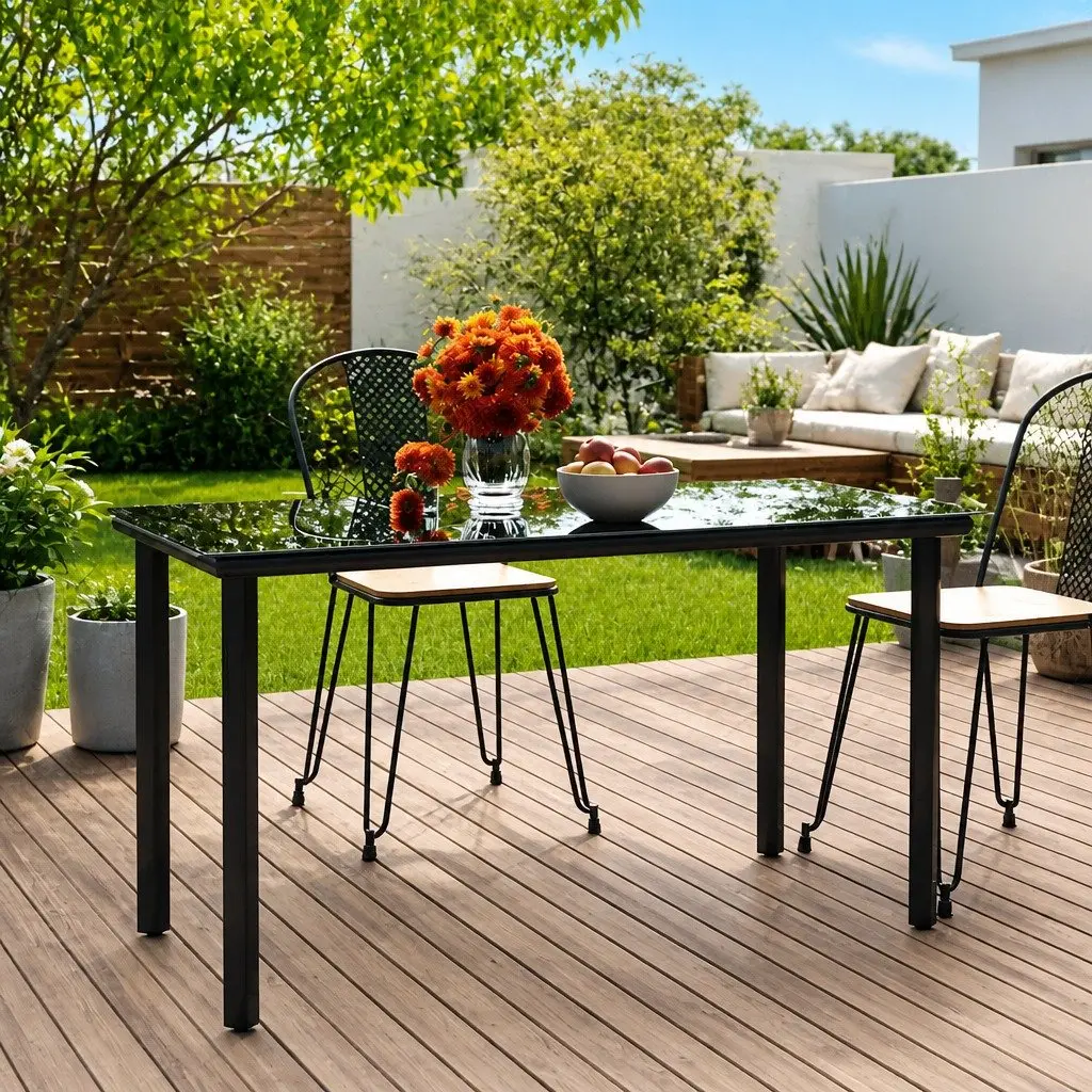 Garden Dining Table Powder-coated Steel 200x100x74cm Black Tempered Glass