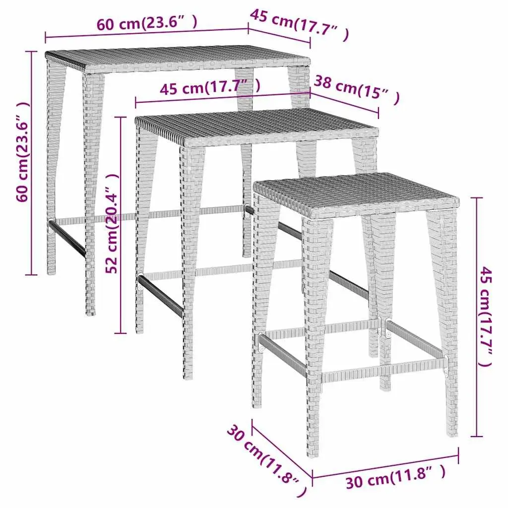 Nesting Tables Set PE Rattan Powder-Coated Steel 3 Piece Black Side End Tables Stackable Storage Coffee Table