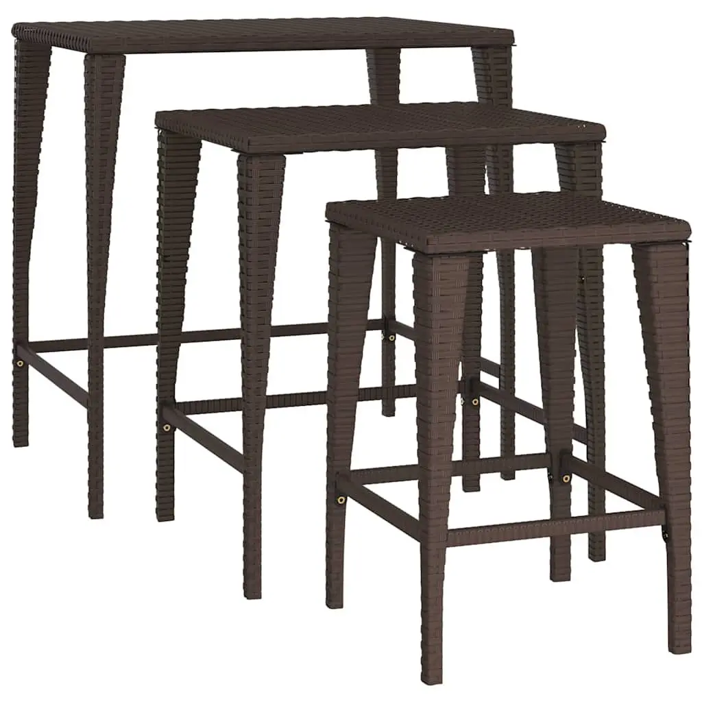 Nesting Tables Set PE Rattan Powder-Coated Steel 3 Piece Brown