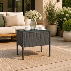 End Table Black 53x37x48cm Rattan Glass Accent Side Table Indoor Outdoor