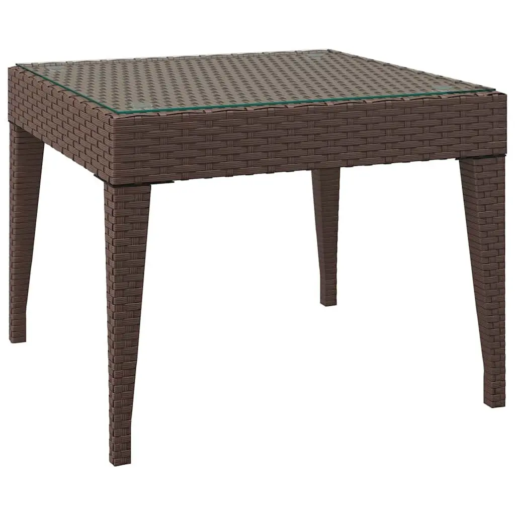 Brown Side Table Poly Rattan Tempered Glass 50x50x38cm Indoor Outdoor Furniture