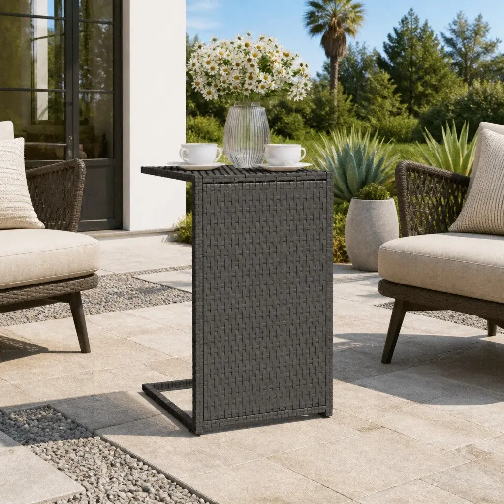 C-Shaped Side Table Poly Rattan 40x35x60cm Black Accent End Table Sofa