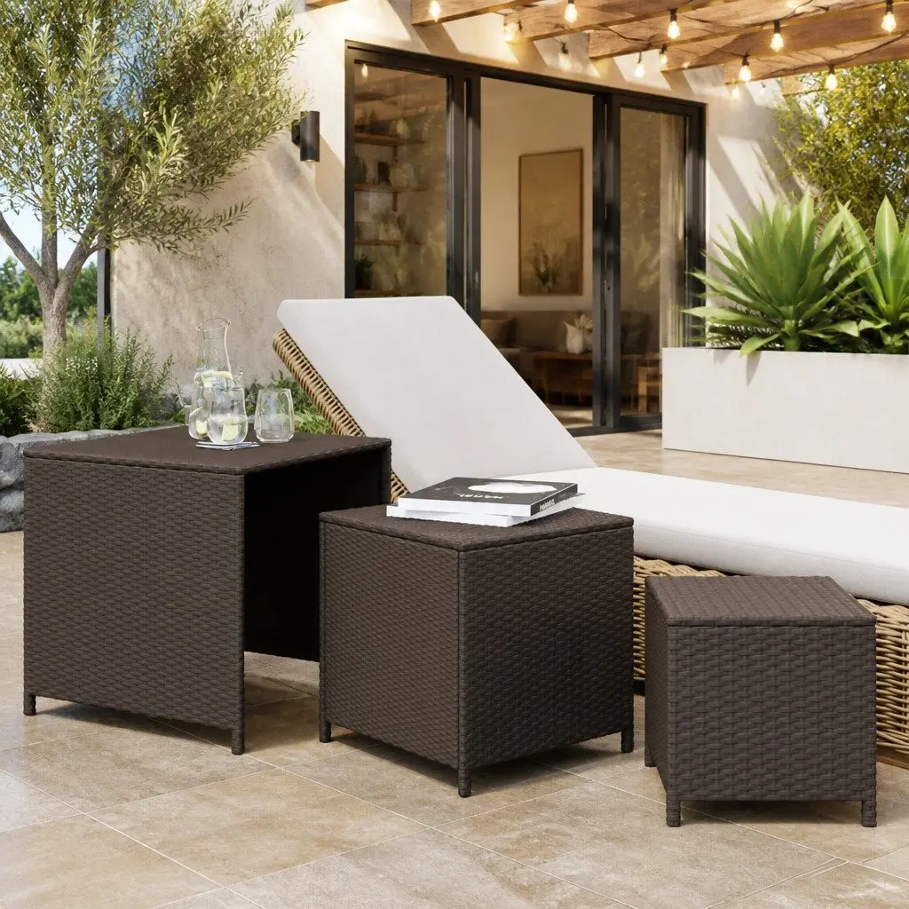 Nesting Tables 3 Piece Set Brown PE Rattan and Powder Coated Steel Frame Side Accent Tables