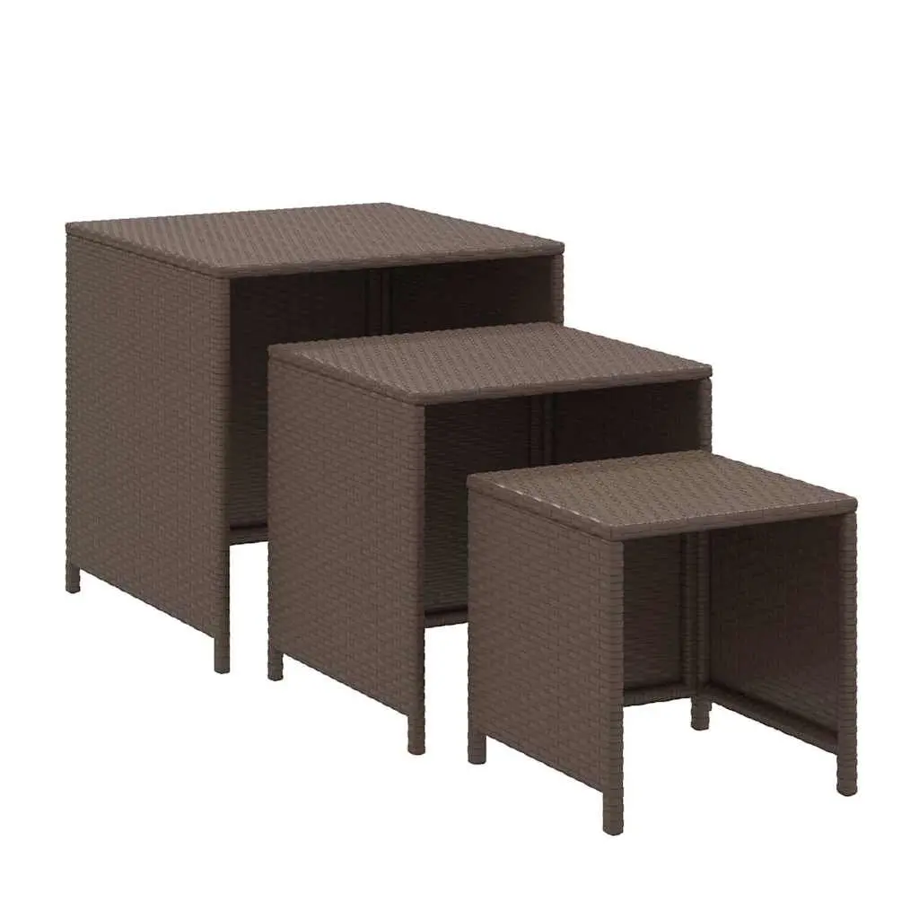 Nesting Tables 3 Piece Set Brown PE Rattan and Powder Coated Steel Frame Side Accent Tables