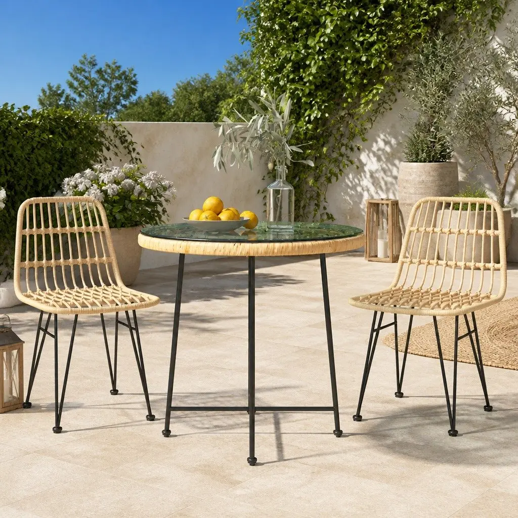 Round Dining Table Tempered Glass Steel Frame 80cm Brown