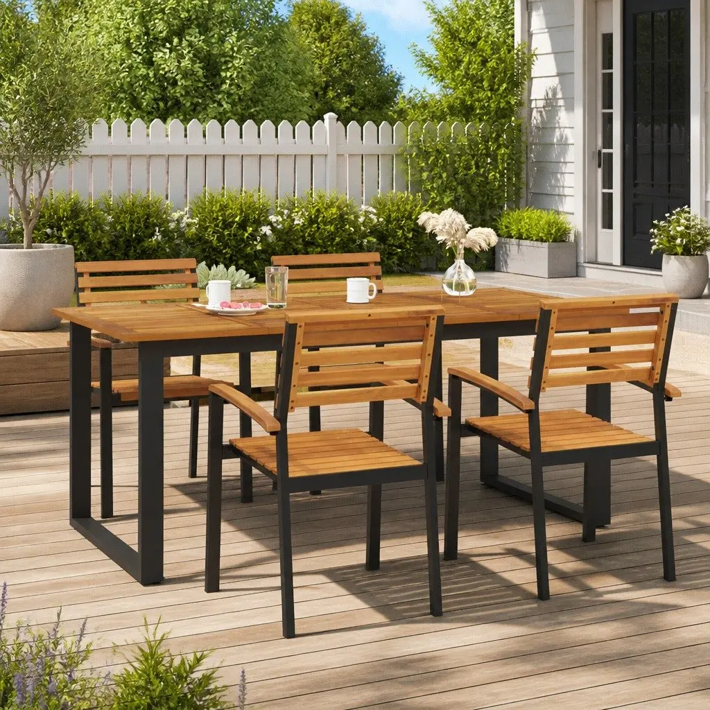 Garden Dining Table Solid Acacia Wood 180 x 90 x 75 cm Brown U-shaped Metal Legs