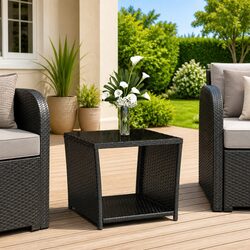 Practical Outdoor Black Rattan Tea Table with Glass Top