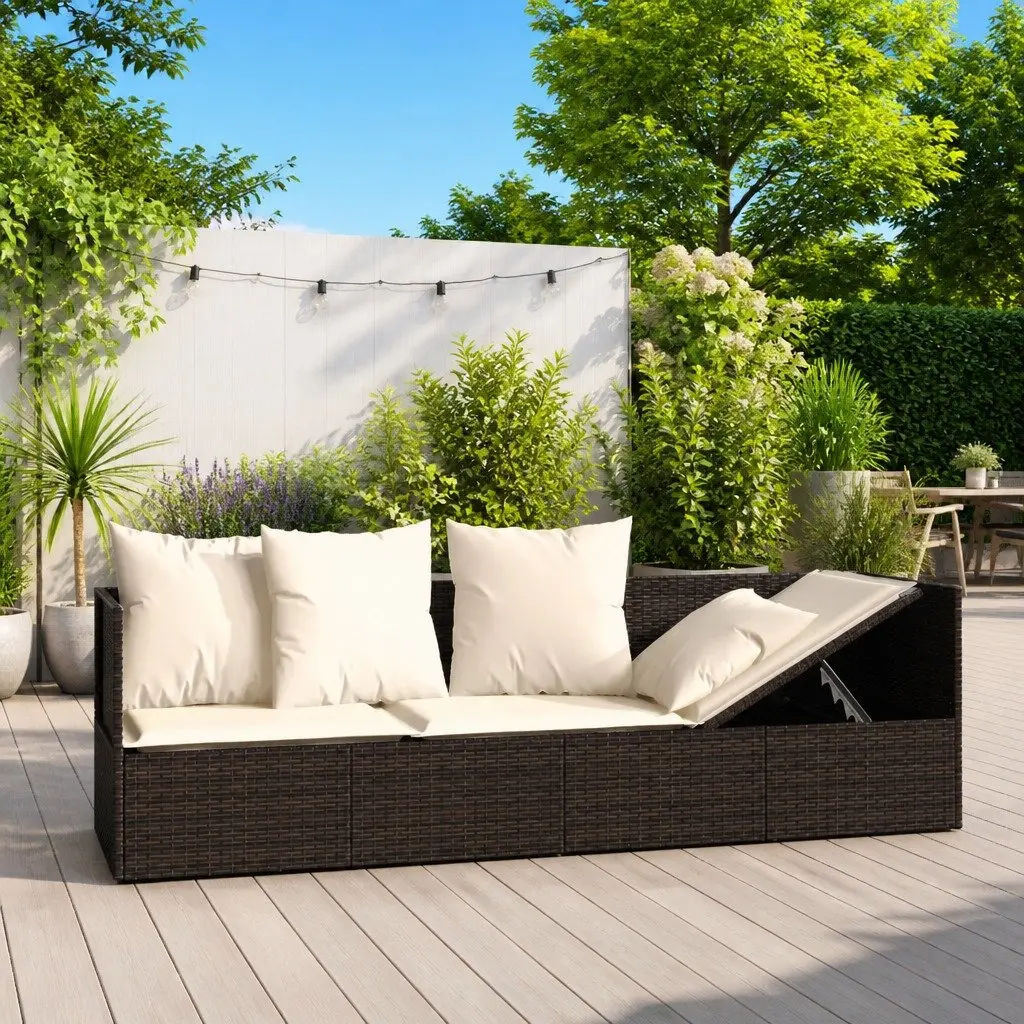 Adjustable Backrest Outdoor Lounge Bed Poly Rattan with Cushions Brown