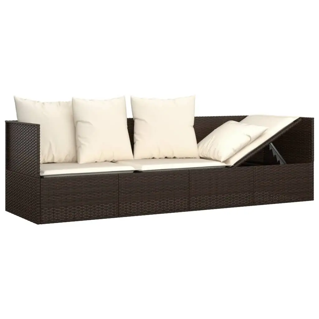 Adjustable Backrest Outdoor Lounge Bed Poly Rattan with Cushions Brown