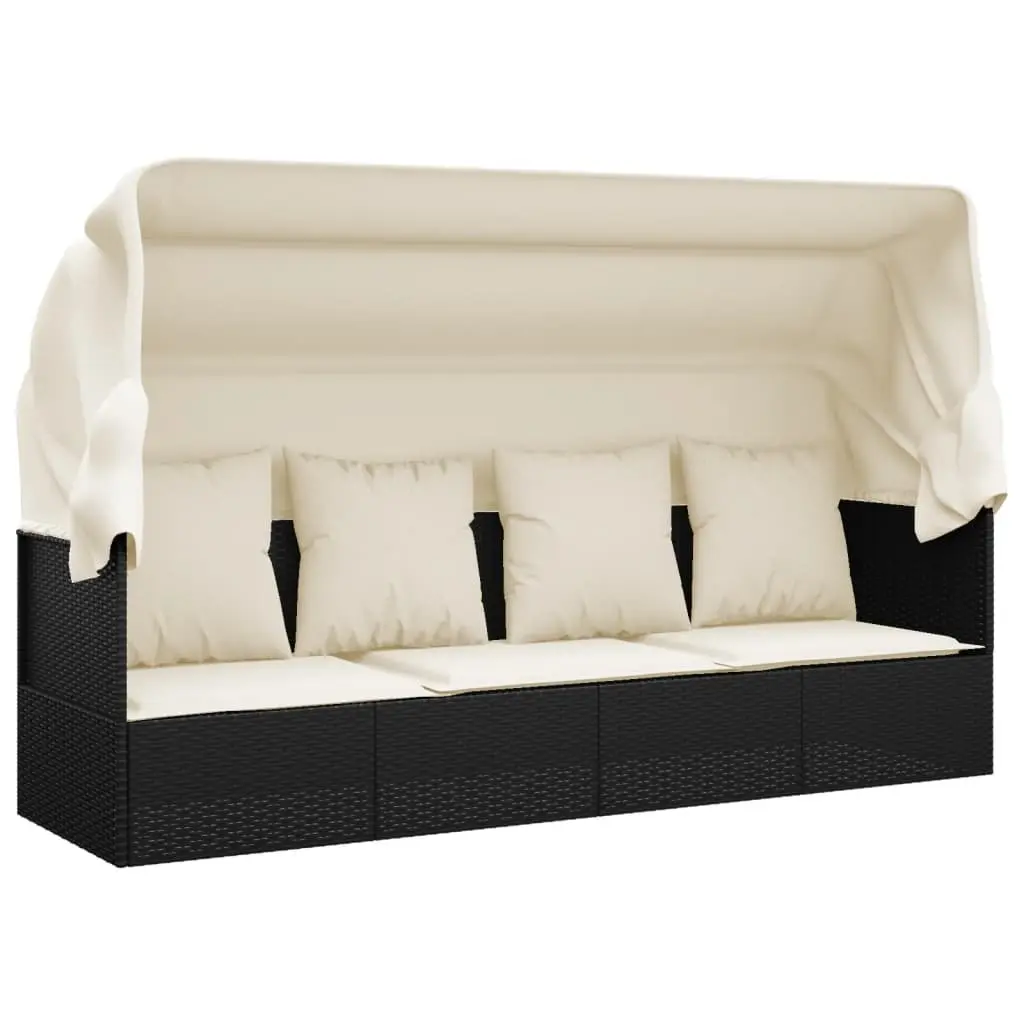 Lounge Bed Outdoor Poly Rattan Adjustable Roof Cushions Black