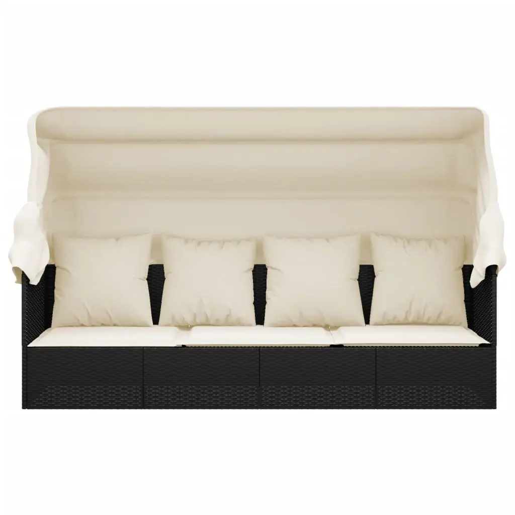 Lounge Bed Outdoor Poly Rattan Adjustable Roof Cushions Black