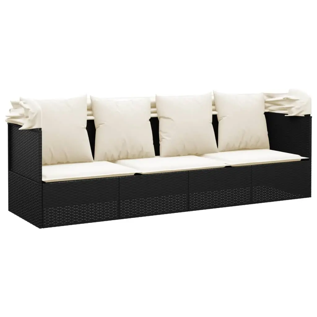 Lounge Bed Outdoor Poly Rattan Adjustable Roof Cushions Black