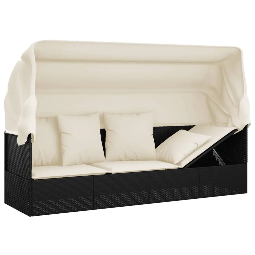 Lounge Bed Outdoor Poly Rattan Adjustable Roof Cushions Black