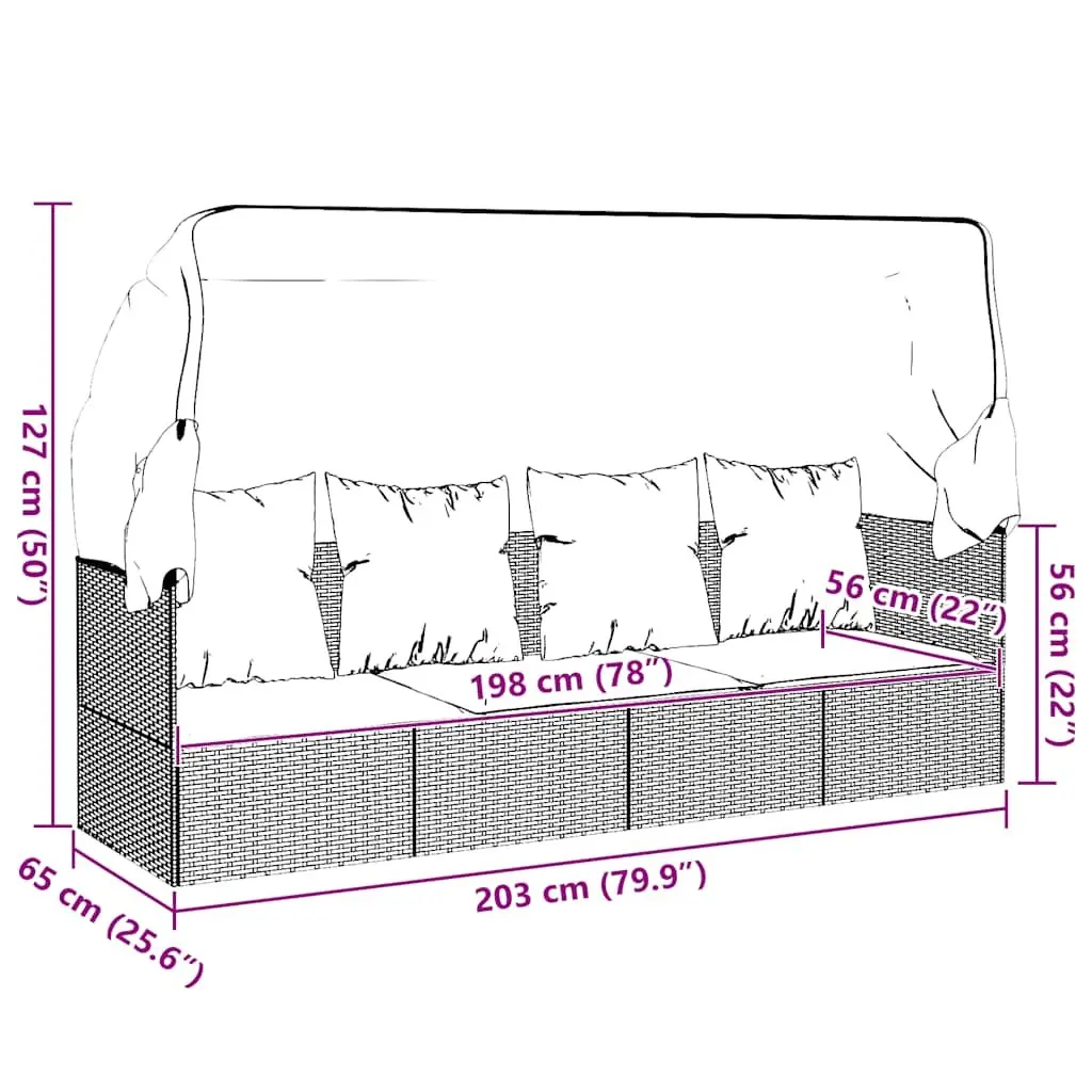 Outdoor Lounge Bed with Adjustable Roof and Cushions Brown Sun Lounger Rattan