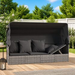 Outdoor Lounge Bed with Adjustable Roof Cushions Sun Lounger Grey Poly Rattan
