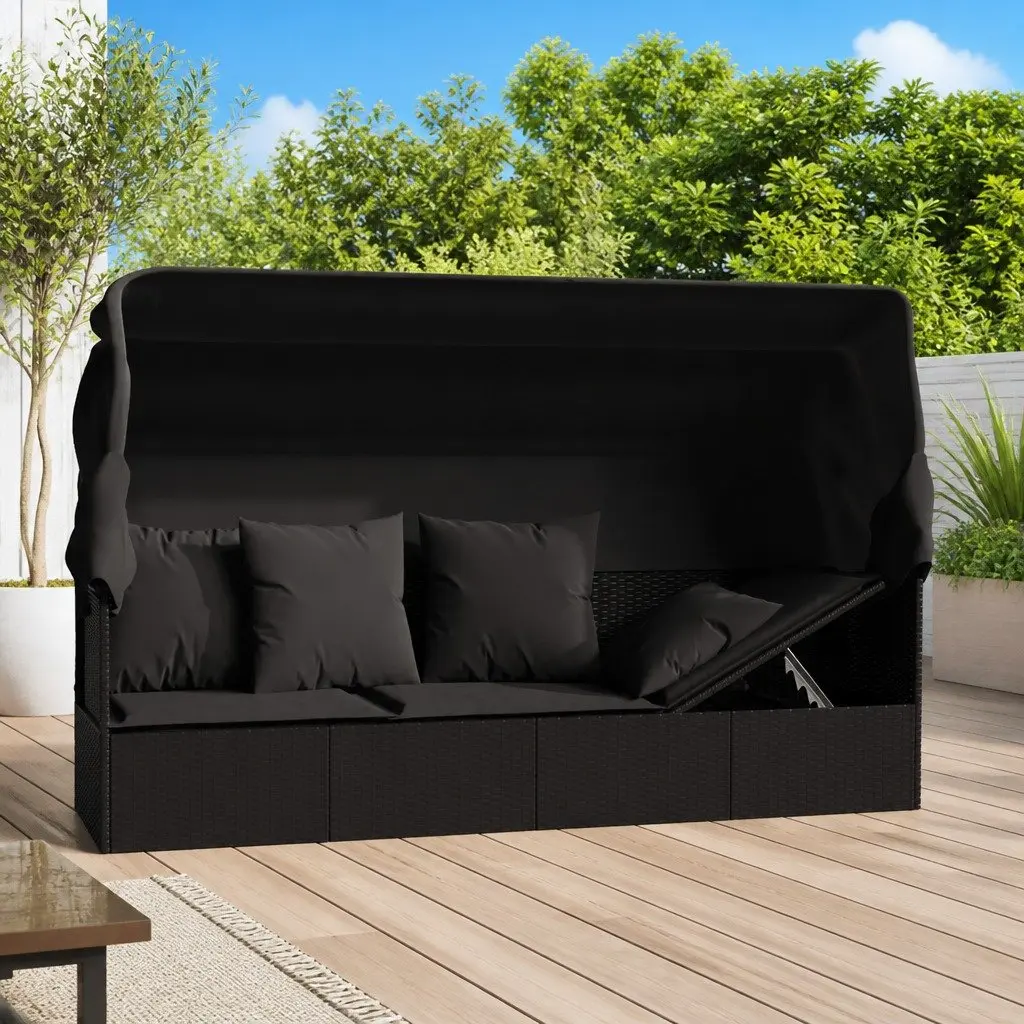 Outdoor Lounge Bed Poly Rattan Adjustable Roof Cushions Black