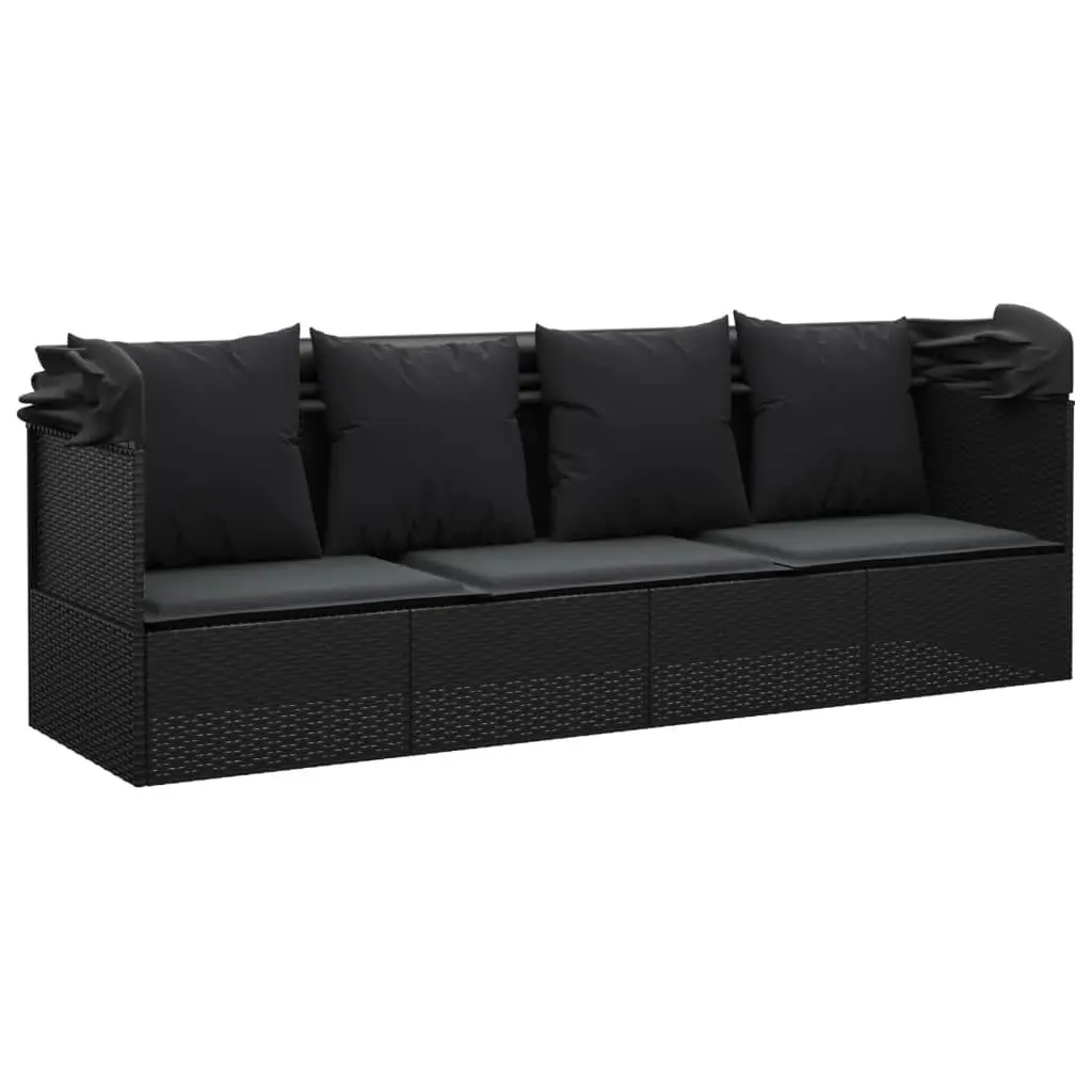 Outdoor Lounge Bed Poly Rattan Adjustable Roof Cushions Black