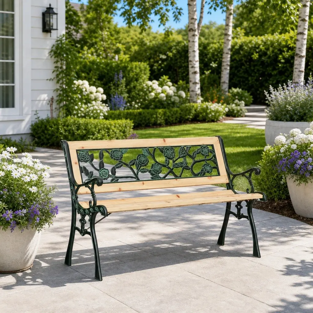 Wooden Garden Bench Brown Outdoor Seating with Weather Resistant Cushion 116x54x73cm