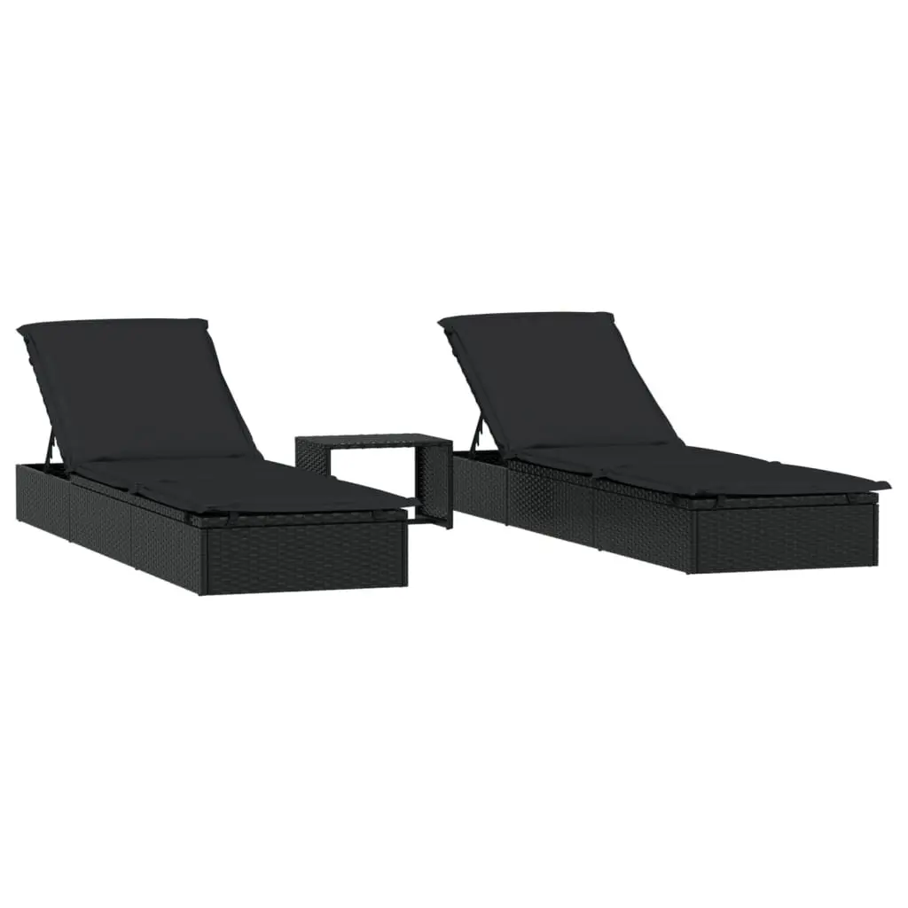Sun Loungers PE Rattan Adjustable Black 2 Piece with Table Outdoor Seating