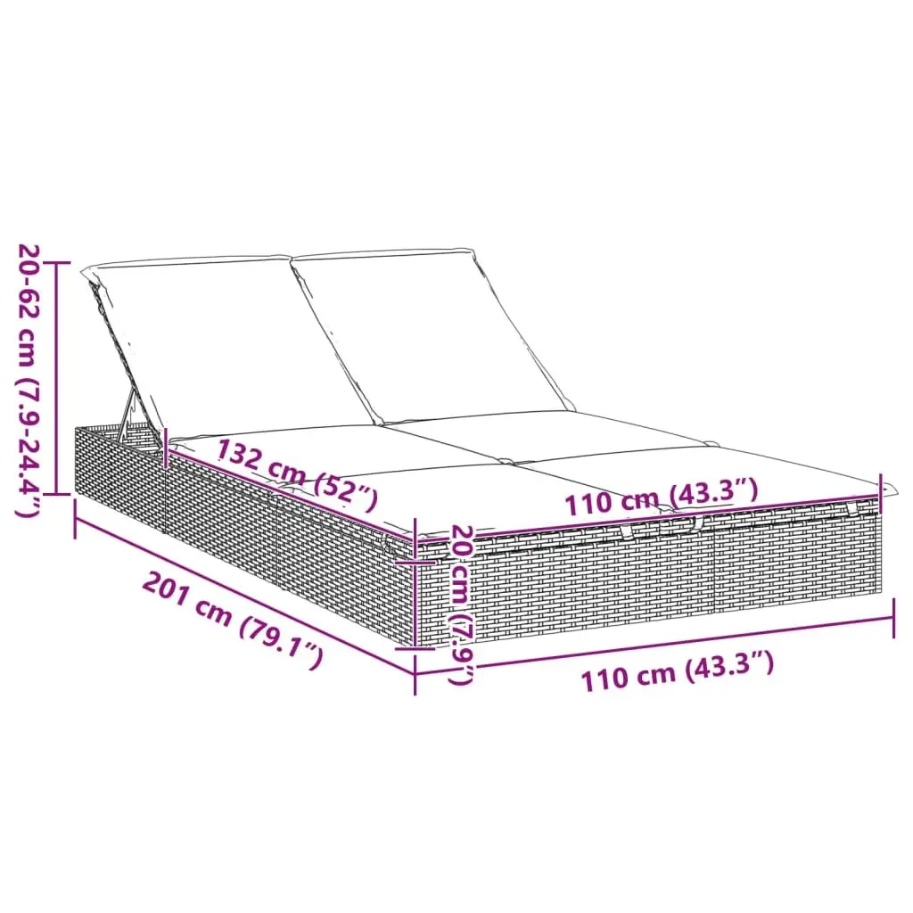 2-Person Sunbed PE Rattan Grey Outdoor Lounger Reclining