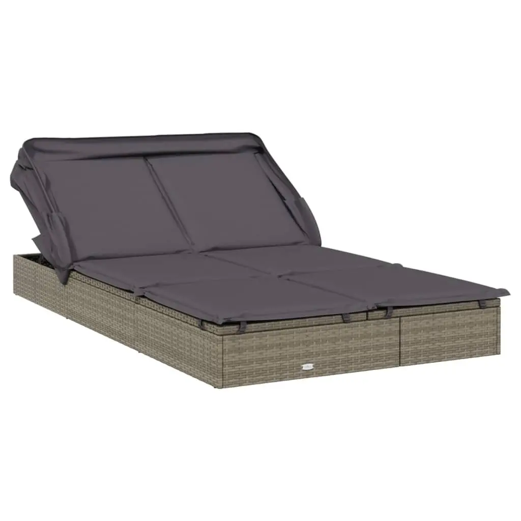 2-Person Sunbed PE Rattan Foldable Roof Outdoor Garden Patio Reclining Daybed Grey