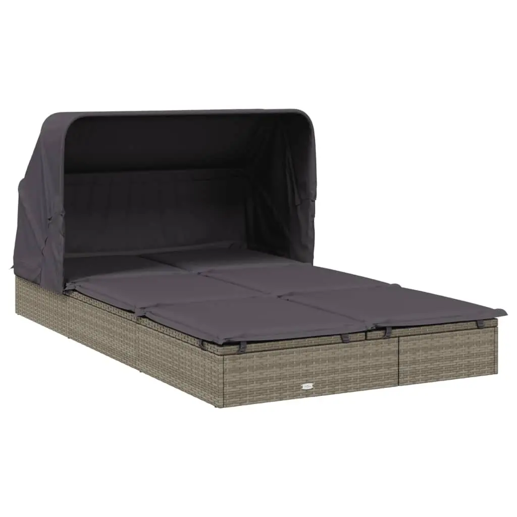 2-Person Sunbed PE Rattan Foldable Roof Outdoor Garden Patio Reclining Daybed Grey