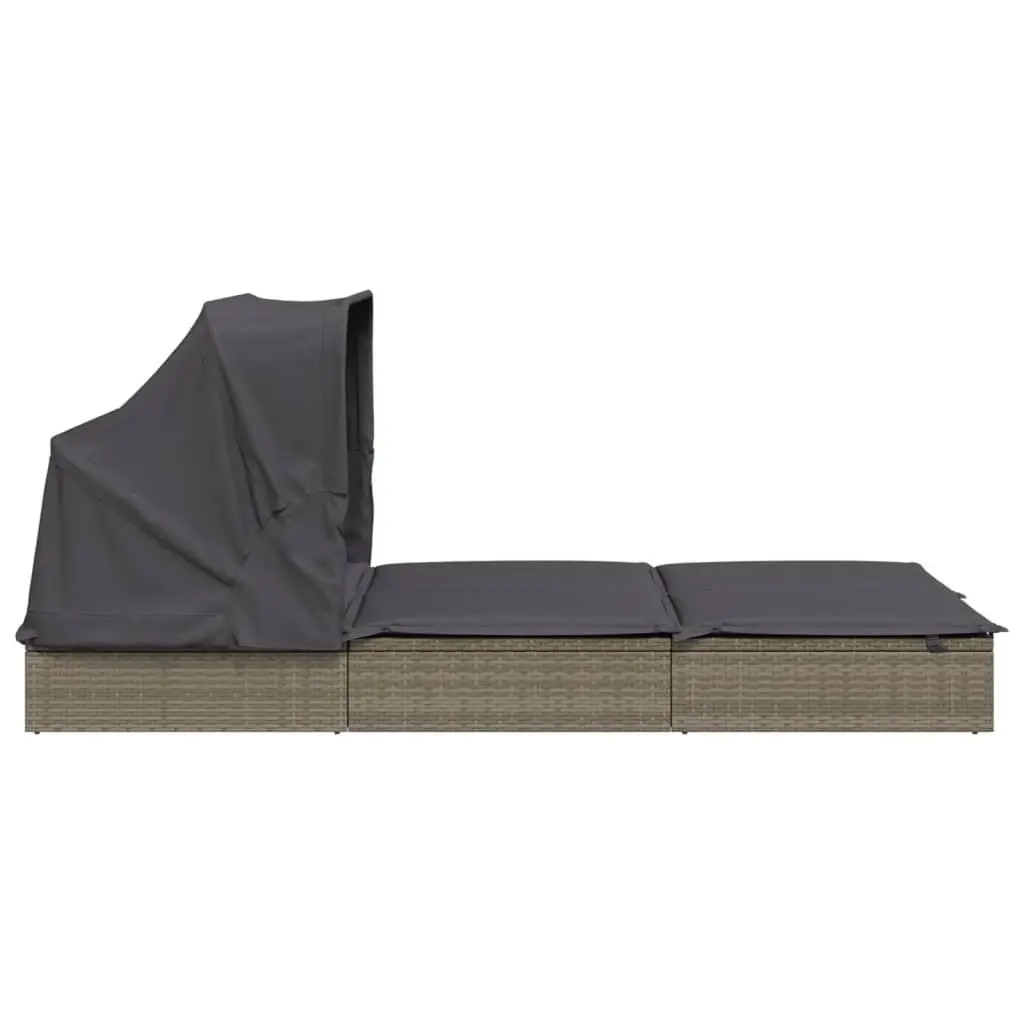 2-Person Sunbed PE Rattan Foldable Roof Outdoor Garden Patio Reclining Daybed Grey