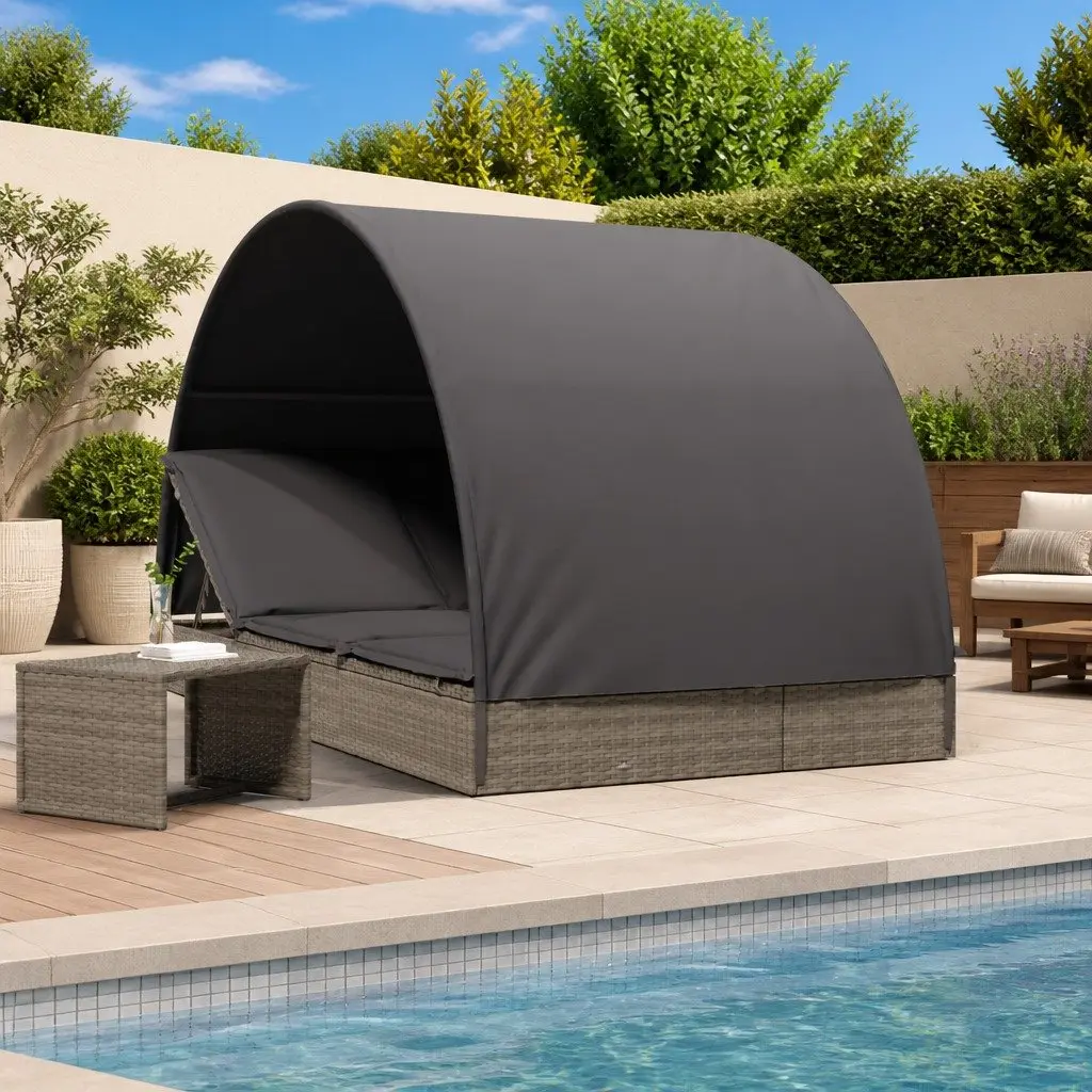 2-Person Sun Lounger Rattan Adjustable Grey Outdoor Daybed with Round Roof