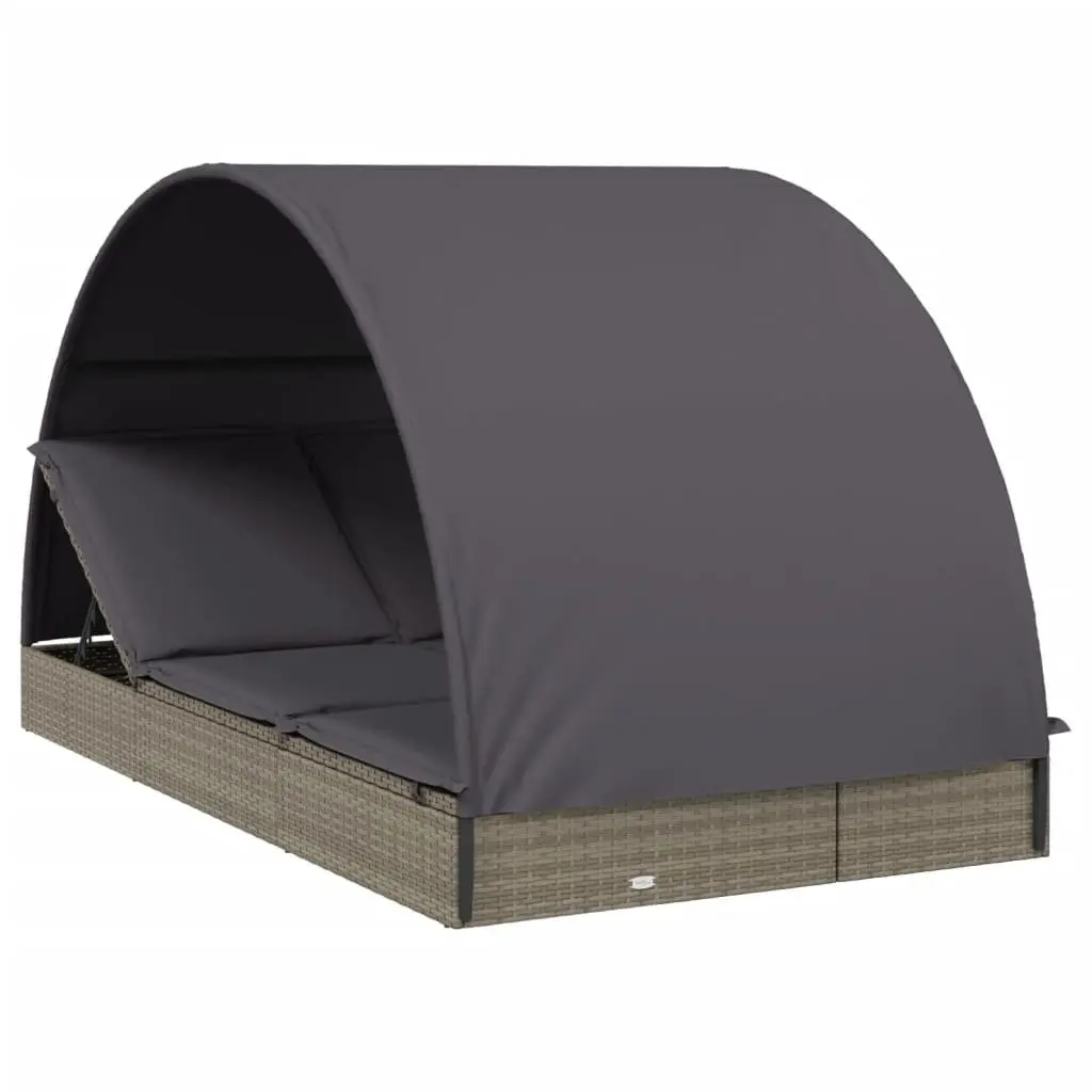 2-Person Sun Lounger Rattan Adjustable Grey Outdoor Daybed with Round Roof
