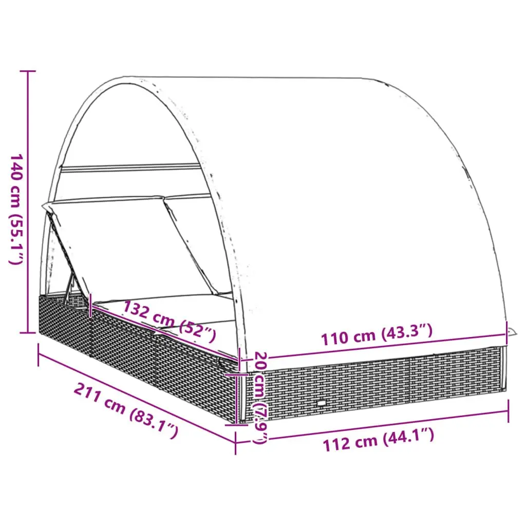2-Person Sun Lounger Rattan Adjustable Grey Outdoor Daybed with Round Roof
