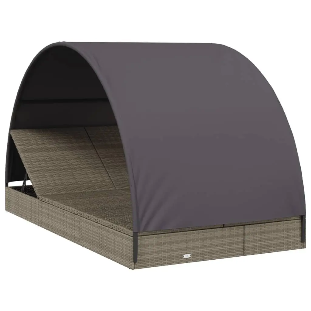 2-Person Sun Lounger Rattan Adjustable Grey Outdoor Daybed with Round Roof