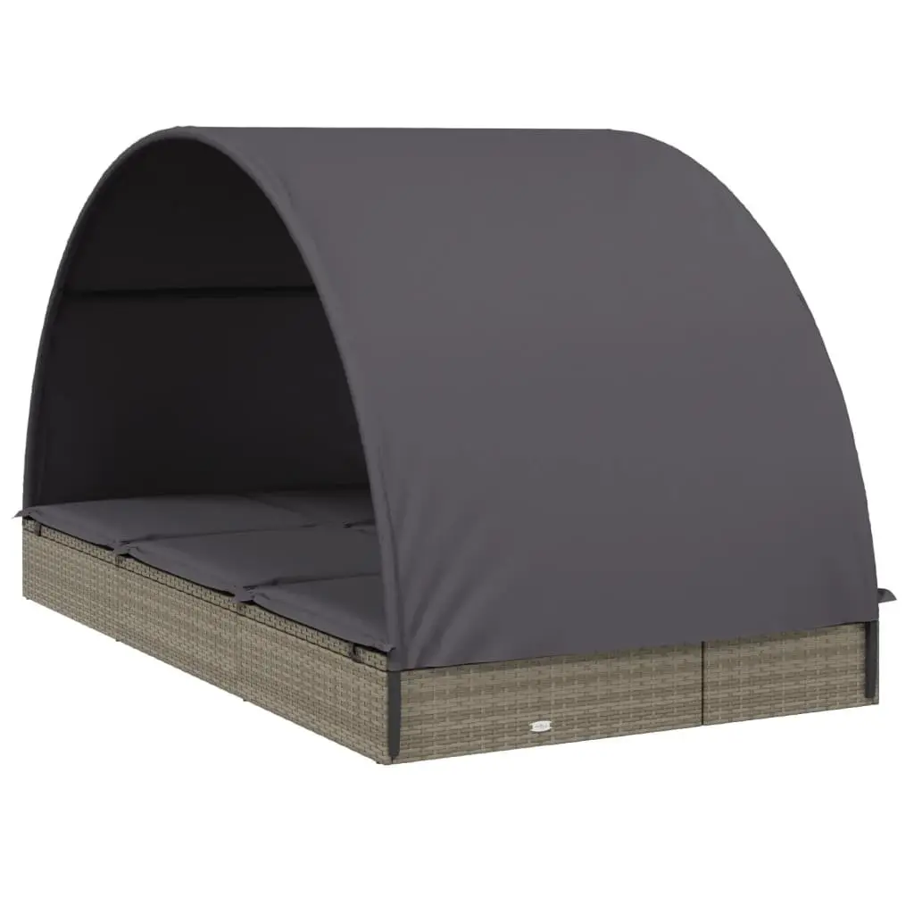 2-Person Sun Lounger Rattan Adjustable Grey Outdoor Daybed with Round Roof