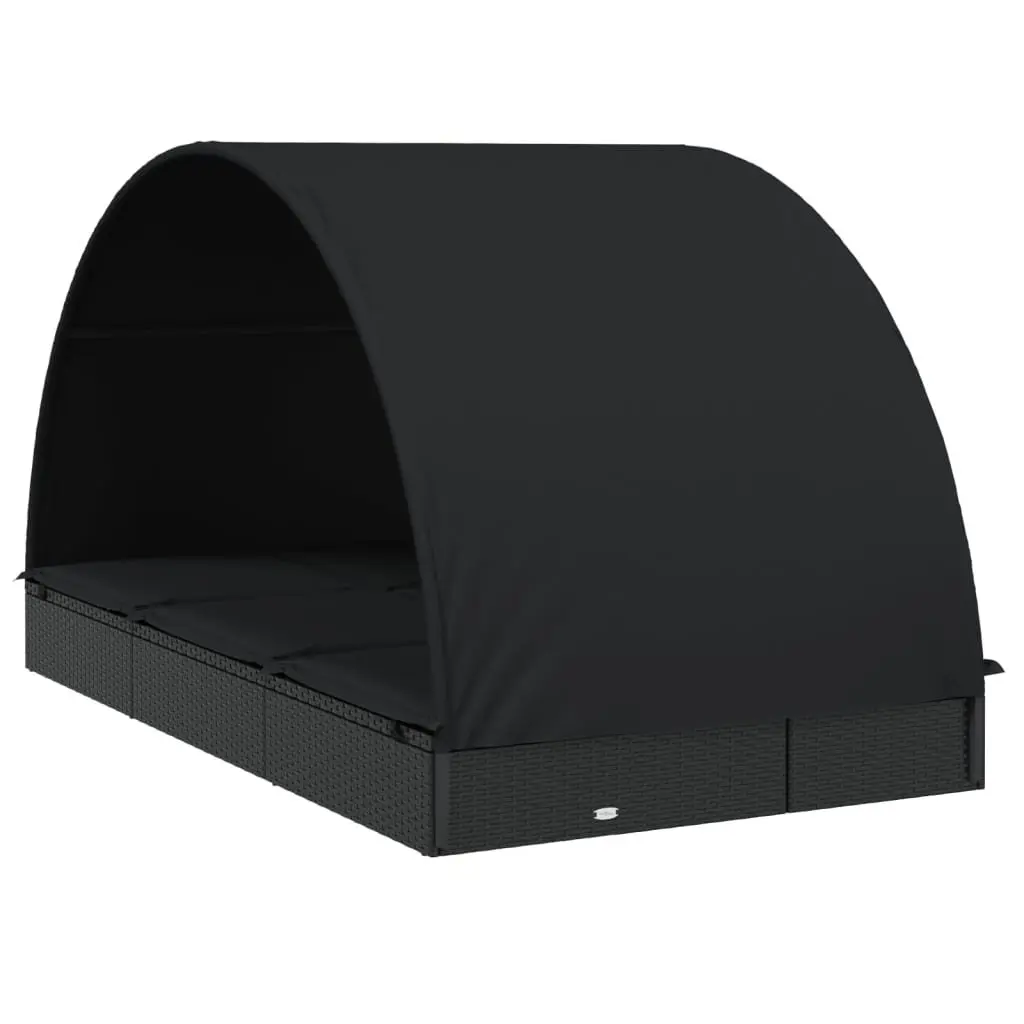 2-Person Sun Lounger PE Rattan Adjustable Outdoor Garden Daybed with Round Roof Black