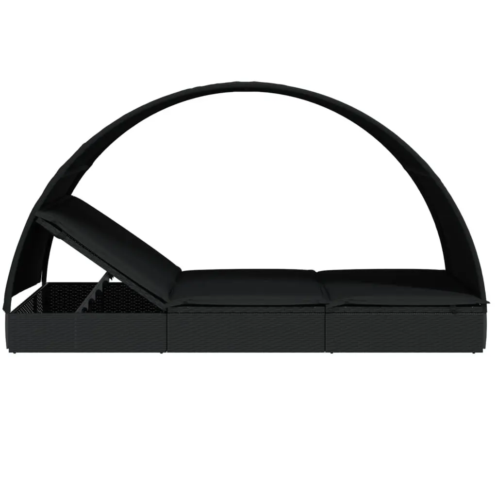 2-Person Sun Lounger PE Rattan Adjustable Outdoor Garden Daybed with Round Roof Black